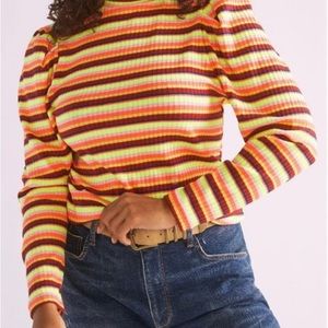 Anthropologie Mauve Neon Striped Puff Sleeve Turtleneck.